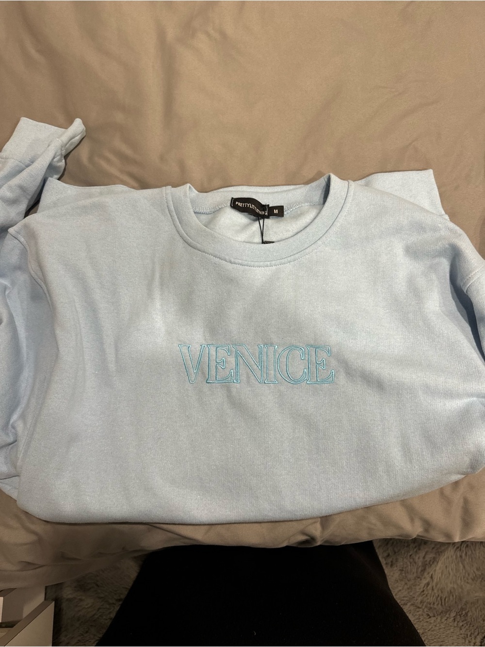 PrettyLittleThing Pale Blue Venice Embroidered Crew Sweatshirt
